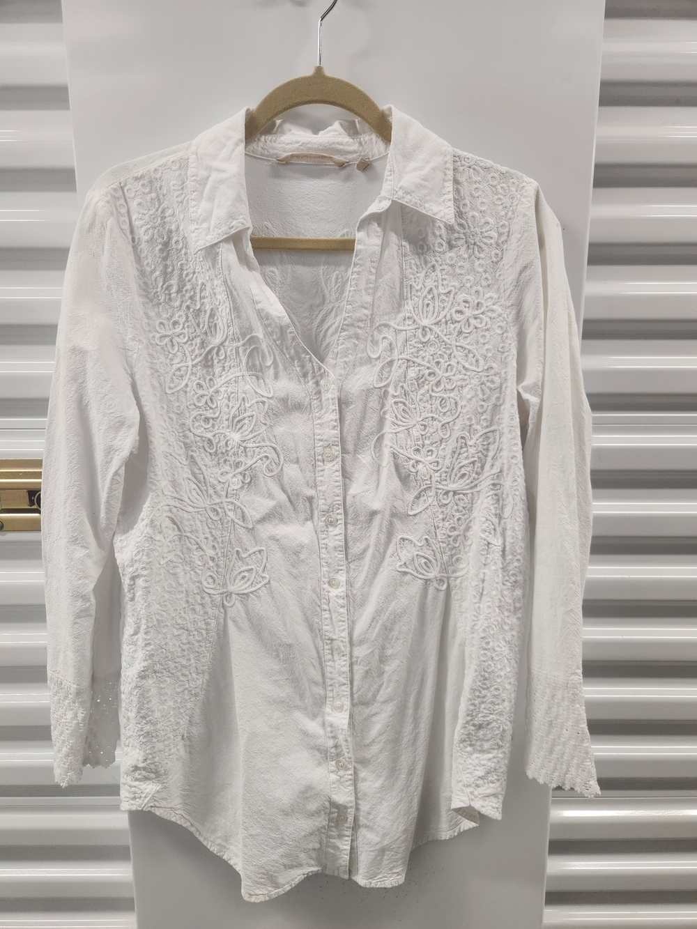 White Soft Surroundings Womens Blouse Embroidered Button-Down Long Sleeve Medium